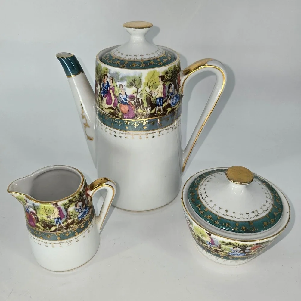 Vintage Fragonard Style Porcelain Tea Set‎ Teapot Sugar Creamer Courting Couple
